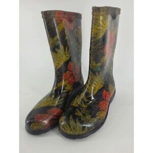 Sloggers Black Tropical Floral Mid-Calf Rain Garden Boots - Women's Size 6